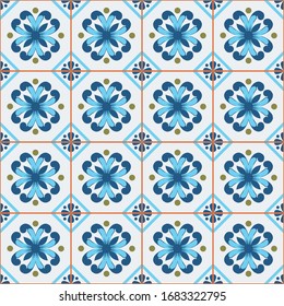 El estilo mediterráneo de azulejos marroquíes, adornos de Azulejos. Se puede utilizar para papel tapiz, rellenos de patrones, fondo de página web, texturas superficiales. Vector