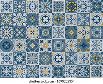 El estilo mediterráneo de azulejos marroquíes, adornos de Azulejos. Se puede utilizar para papel tapiz, rellenos de patrones, fondo de página web, texturas superficiales. Vector