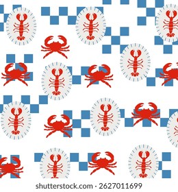 Mediterranean seamless pattern. Vintage tropical design. Hand drawn checkered elements, lobster and crab for textile, backgrounds, presentations, wrapping papers, prints, artworks.