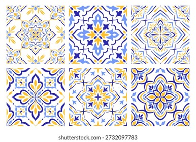 Conjunto de padrões sem costura mediterrânea. Azulejos de cerâmica amarelo azul, sem fundo. Ornamentos tradicionais espanhóis, sicilianos, portugueses, italianos. Motivos étnicos florais, impressão de design de mosaico. Vetor