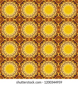 Mediterranean seamless yellow, orange and brown ornament. Vector tile pattern, Lisbon floral mosaic.