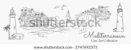 Mediterranean Seaside Landscape Set – Coastal Village, Lighthouse and Sailboat Line Art Illustration for Wedding, Save the Date Card Template