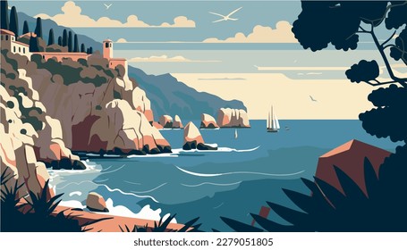Mediterranean seaside  Vector illustration european coast  Cartoon drawing riviera  Holiday shore  Holiday destination  Beach and water  Town in Italy greece  Romantic poster for travel 
