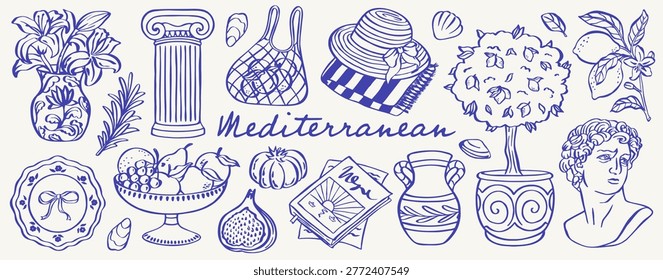 Mediterranean set with blue line illustrations of flowers, pottery, columns, sandals, bottles, hat, postcard, tree, and statue. Vintage travel collection for stationery and packaging.