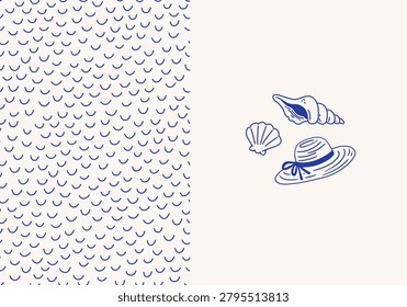 Mediterranean simple waves seamless pattern. Sea or Ocean Summer wave endless pattern, hat and shells illustration. Doodle line, ink contour. Textile, background, wrapping paper. Blue and white. 