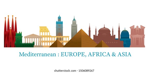 Mediterranean Skyline Landmarks Colorful Silhouette, Famous Place and Historical Buildings, Travel and Tourist Attraction