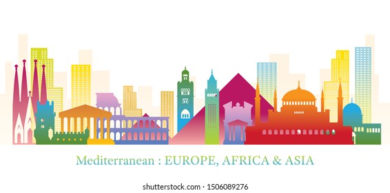 Mediterranean Skyline Landmarks Colorful Silhouette, Famous Place and Historical Buildings, Travel and Tourist Attraction