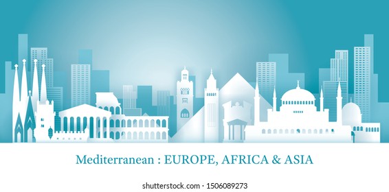 Mediterranean Skyline Landmarks in Paper Cutting Style, Famous Place and Historical Buildings, Travel and Tourist Attraction