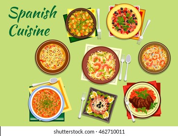 Mediterranean Spanish cuisine with Andalusian seafood paella and bean soup fabada, shrimp and squid noodles, sausage and bean soup, potato salad and beefsteak, baked vegetables with ham and tuna salad