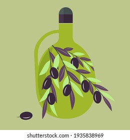 Mediterranean still life, bottle of olive oil, branch with ripe olives. Vector illustration in trendy green colors for design, farmers market decoration, food labels, banners, stickers.