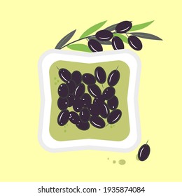 Mediterranean still life, dish with delicious Extra Virgin oil, olives and olive branch. Vector illustration in trendy green colors for design, farmers market decoration, food labels, banners, sticker