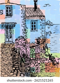 Mediterranean Stone House with Colorful Garden - Rustic Village Scene