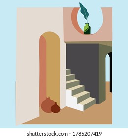 Mediterranean structure, dwelling, house. Elements of architecture and interior design. The southern landscape. Flat vector illustration