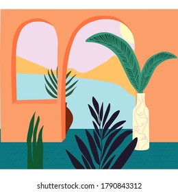 Mediterranean structure, dwelling, house. Elements of architecture and interior design. The southern landscape. Flat vector illustration