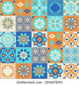 Mediterranean style ceramic tiles, square tile blue orange ivory color
