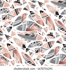 Mediterranean summer abstract fish seamless pattern for background, wrap, fabric, textile, wrap, surface, web and print design. Rose gold decorative fish rapport for vacation and fishing projects