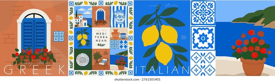 Mediterranean summer art. Vector Greek, Italian, and Spanish illustrations of window, frame, ceramic tiles, lemons, Amalfi and coastal scenery for poster and postcard