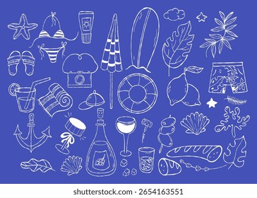 Verão mediterrâneo praia doodles. la dolce vita estética. Isolado Contorno mão branca desenho férias acessórios, bebidas, alimentos e itens de lazer náutico em azul. Ilustração vetorial. Não é IA