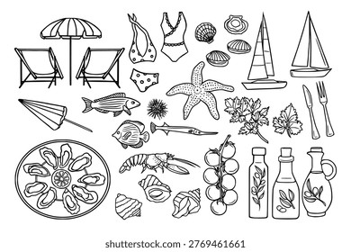 Mediterranean summer doodle elements collection. Whimsical black line vector art with sketch yachts, bathing accessories, deck chairs, beach umbrellas, olive oil, seafood, etc.