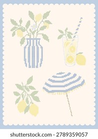Mediterranean Summer Elements Collection in Cross Stitch Style. Sicilian Lemon Vector Set with Citrus Branches, Coastal Umbrella, Lemonade Glass and Blue Ceramic Vase.