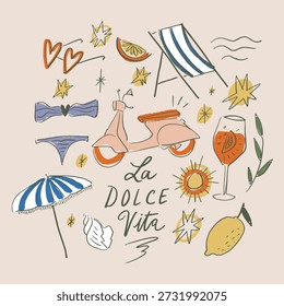 Mediterranean summer freehand collage bundle pink scooter bike, ice-cream, aperol cocktail, tomatoes, coffee cup, beach items, girlish vacay illustration. Vector design in La Dolce Vita aesthetic set