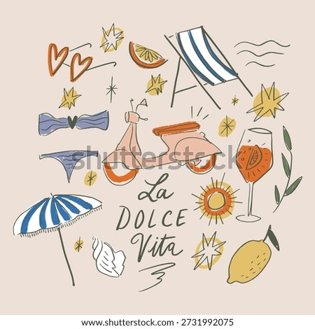 Mediterranean summer freehand collage bundle pink scooter bike, ice-cream, aperol cocktail, tomatoes, coffee cup, beach items, girlish vacay illustration. Vector design in La Dolce Vita aesthetic set