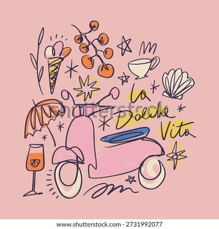 Mediterranean summer freehand collage bundle pink scooter bike, ice-cream, aperol cocktail, tomatoes, coffee cup, beach items, girlish vacay illustration. Vector design in La Dolce Vita aesthetic set