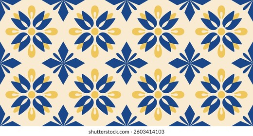 Mediterranean summer geometric floral seamless pattern. Italian motif. Endless tiles border. Portugal, Mexican, Moroccan, Spanish, Damask background, print. Blue and yellow ceramic decor. Vector.