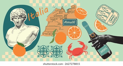 Mediterranean summer halftone collage elements. Italian tile. Amalfi. Vector aesthetic illustration of Italian town, oranges, Statue, sprats, ornament. Perfect for posters, postcards, background 