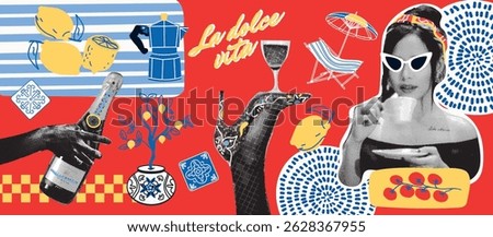 Mediterranean summer halftone collage elements beach lounger, ceramic tiles, tomatoes, girl with cup of coffee, high heels, coffee pot, lemons, wine. The aesthetics of the sweet life. Vector.	