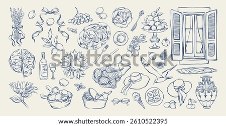 Mediterranean summer hand drawn doodle set. Italian or French coastal countryside lifestyle elements. Vintage whimsical summer picnic food, travel line art sketch for packaging, branding, card, decor.