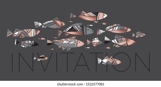 Mediterranean summer mosaic fish pattern for background, for card, header, invitation, poster, social media, post publication. Pastel colors decorative coral fish for vacation summer project.