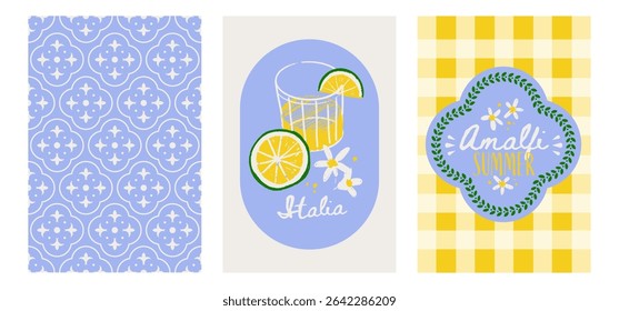 Mediterranean summer naive cards set. Vector illustration of Amalfi, Italian lemon cocktail, cuisine, checkered pattern, italian tiles for poster, background or textile. Textured pencil drawing