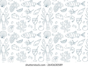 Mediterranean summer pattern with doodle elements. Hand drawn blue and white background with sea food, shells, cheese, olives, lobster, shrimp