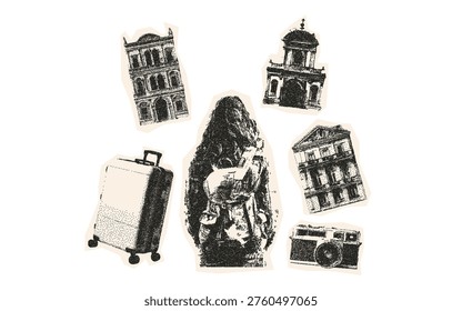 Mediterranean summer with a photocopy effect for creating collages elements set. Landmarks, suitcase, camera, paper stickers with vintage dot texture. Vector illustration.