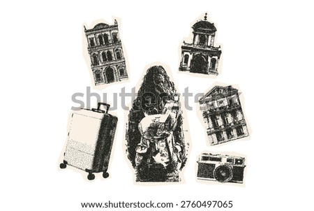 Mediterranean summer with a photocopy effect for creating collages elements set. Landmarks, suitcase, camera, paper stickers with vintage dot texture. Vector illustration.