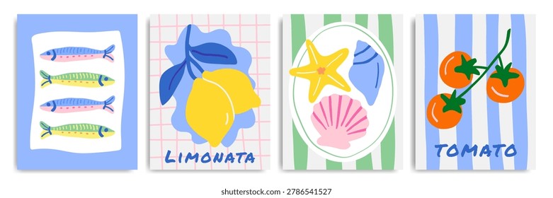 Mediterranean summer posters set with fish, lemon, shells and tomato in hand drawn Italian style. Amalfi vector illustration
