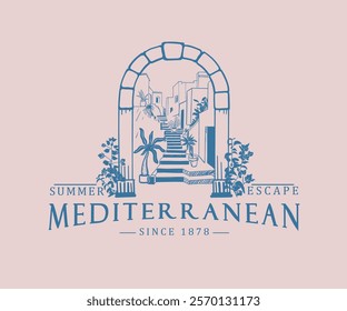 Mediterranean summer resort vector art, European summer vacation artwork t shirt, poster, screen print, Tropical beach motel logo design 