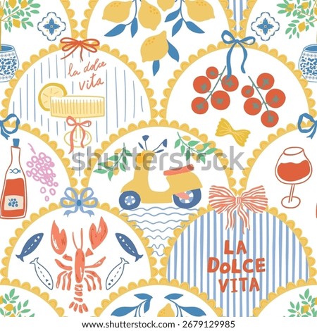 Mediterranean summer scallop seamless pattern. Cute Italian vacation damask ornament, arched print, dolce vita element - wine, tomato, lobster, bows, lemon. Vector textile design wallpaper, background