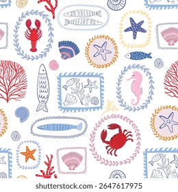  Mediterranean summer seamless pattern with marine elements in frames, lobster, crab, fish, shell, seahorse. Vector, decorative background, textile design, wallpaper print