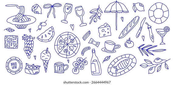 Conjunto de verano mediterráneo. Dibujado a mano italiano dolce vita. Arte minimalista. Pasta, vino, pizza, helado, limón, aceitunas, cóctel. en estilo de boceto de doodle. Tinta de dibujo. Concepto de vacaciones y viajes.