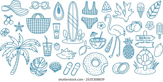 Mediterranean Summer vacation beach elements doodle blue line art vector illustration set. Hand drawn tropical icons palm trees, swimwear, fruits, and sea shells. Holiday travel symbols