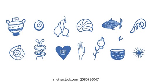 Mediterranean summer vacation doodle icon set, vector hand drawn seashore collection. Nautical vintage holiday illustration. Summer vacation