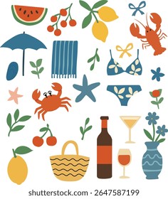 Mediterranean summer vacation illustration set. Summer Beach Elements Set - Fruits, Crabs, Sea Creatures, Drinks, Swimwear, Picnic Icons Hand Drawn Colorful Vector Collection