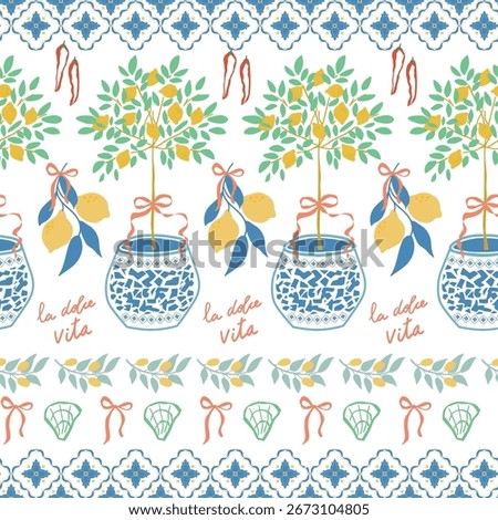 Mediterranean summer vacation seamless pattern. Cute Italian lemon tree in pot, ceramic tile ornament, bow, horizontal stripes, la dolce vita. Vector repeat background, textile design, wallpaper print