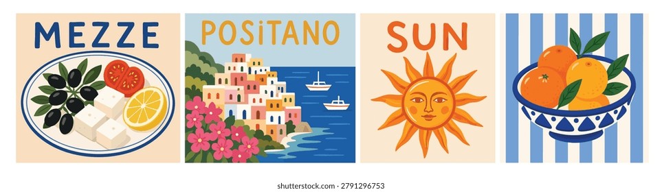 Mediterranean summer vector illustration set featuring Amalfi Coast aesthetics, Positano coastal architecture, traditional mezze platter, sun with a face, and fresh oranges in a ceramic bowl.