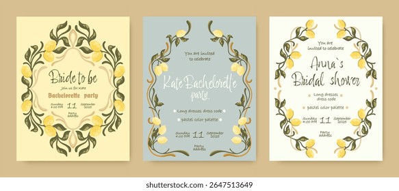 Mediterranean templates for Ba achelorette party with lemons. Art Nouveau style. Vector.