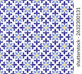 Mediterranean textured seamless pattern of blue yellow tiles. Ethnic mosaic design of Portuguese, Italian, Spanish motifs. Ornament for home textile or ceramic. Vector illustration