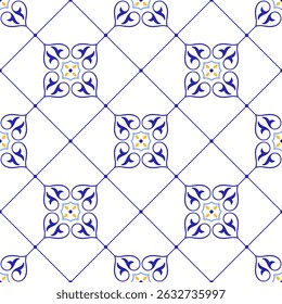 Mediterranean textured seamless pattern of blue yellow tiles. Ethnic mosaic design of Portuguese, Italian, Spanish motifs. Ornament for home textile or ceramic. Vector illustration