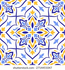 Patrón mediterráneo sin costuras texturizado en colores azul y amarillo. Azulejo étnico, diseño de mosaico de motivos portugueses, sicilianos, italianos, españoles. Ornamento para textiles para el hogar o cerámica. Ilustración vectorial